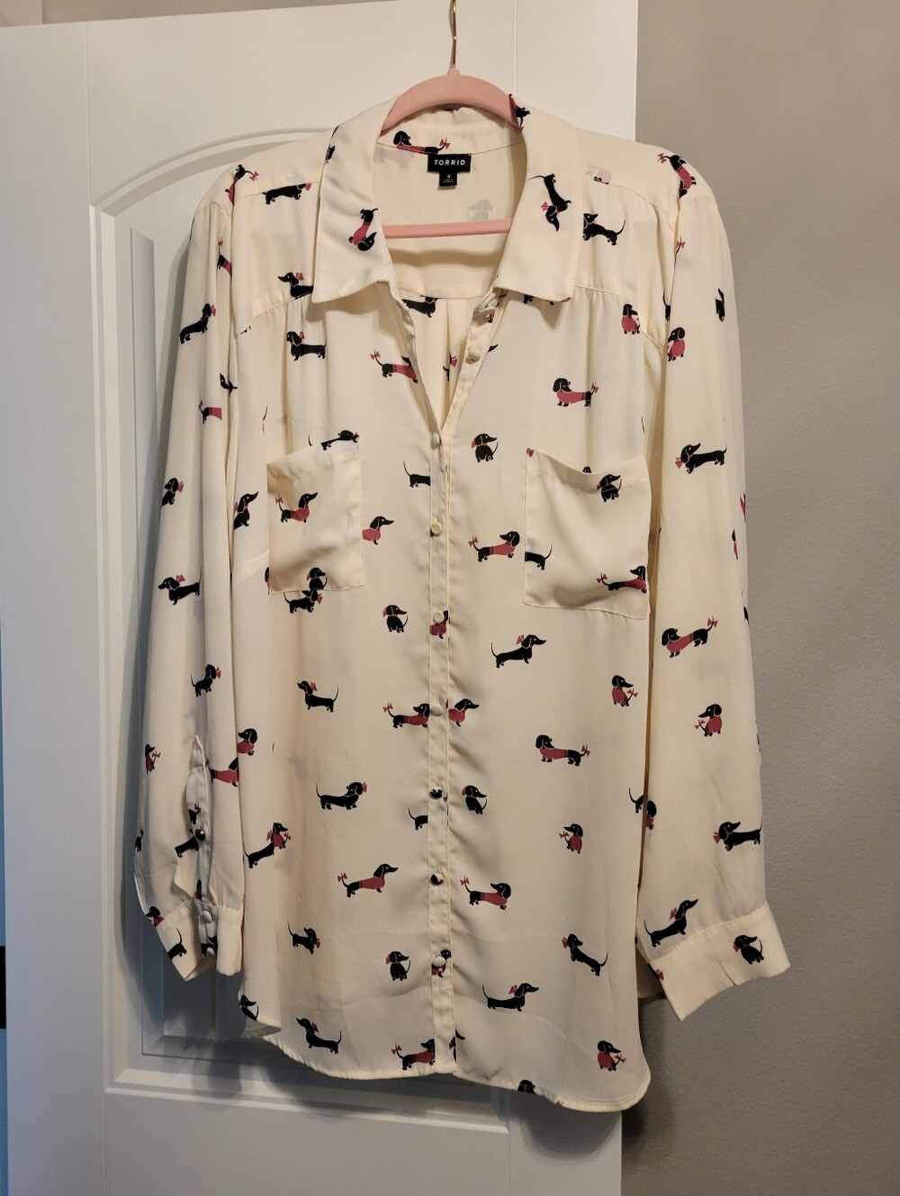 torrid Cream Button-Up Shirt with Black and Pink Dachshund Print